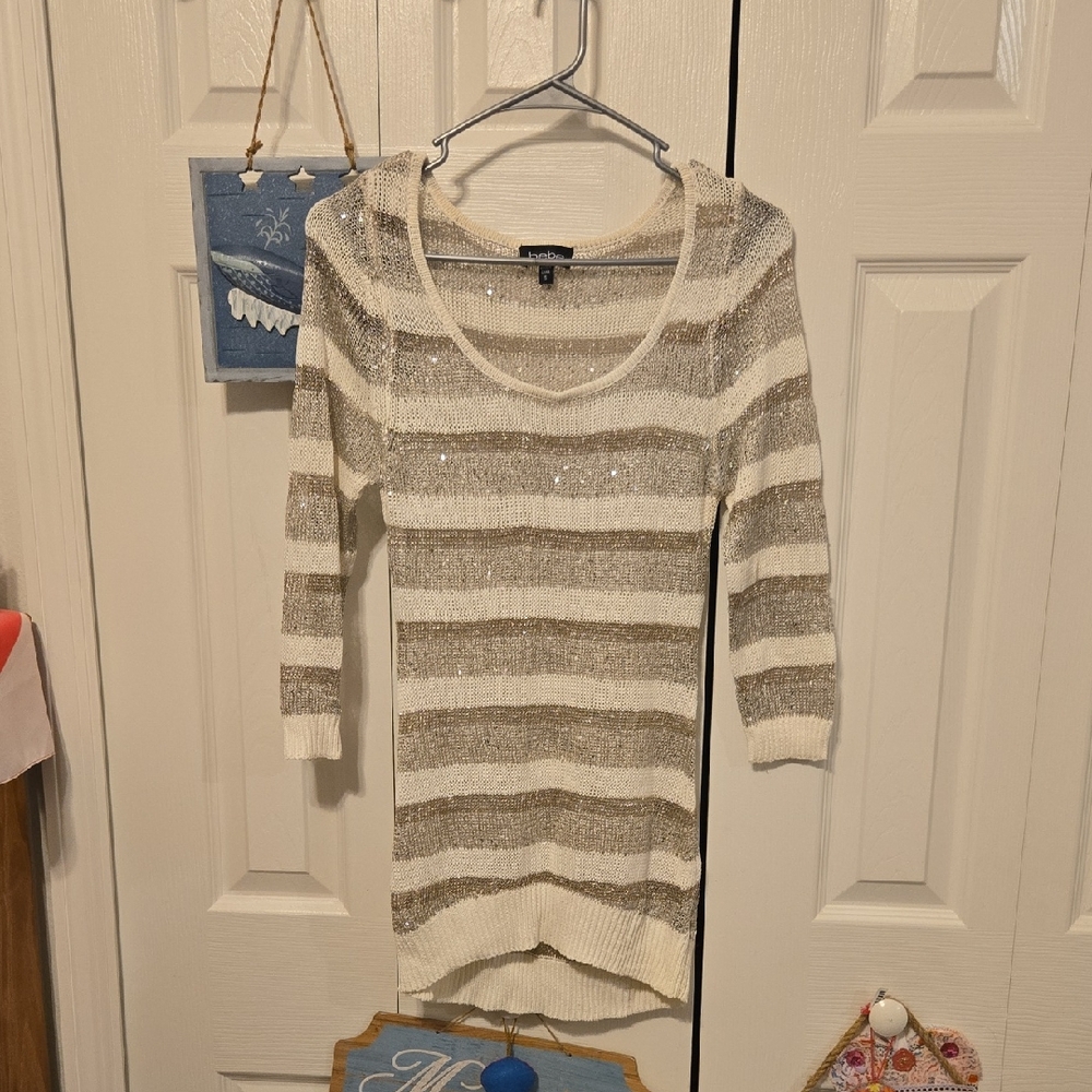 bebe Striped Sweater in Cream and Silver